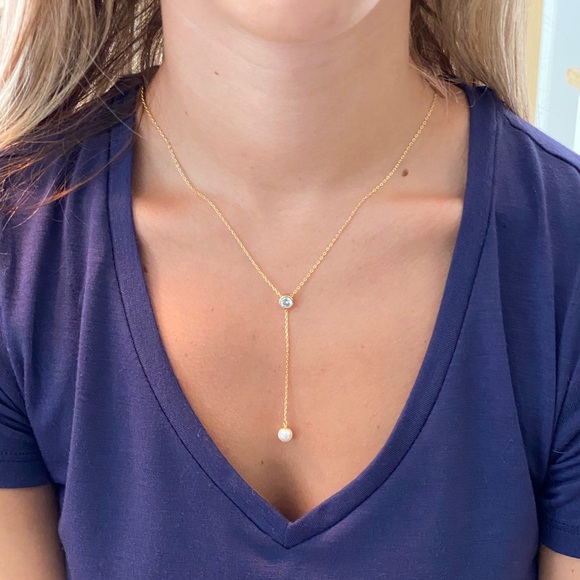 Sale $36 Firm! 14K Gold Plated Necklace with CZ & Faux Pearl - Picture 8 of 12